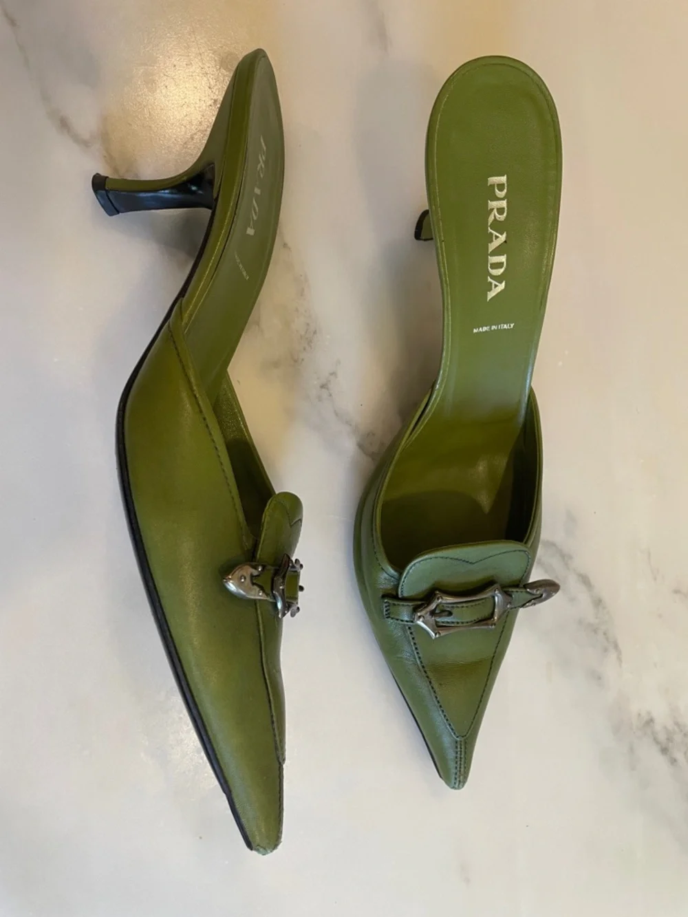 Vintage Prada Green Leather Pointed Kitten Heel Mules, Size 40 - Picture 7 of 14